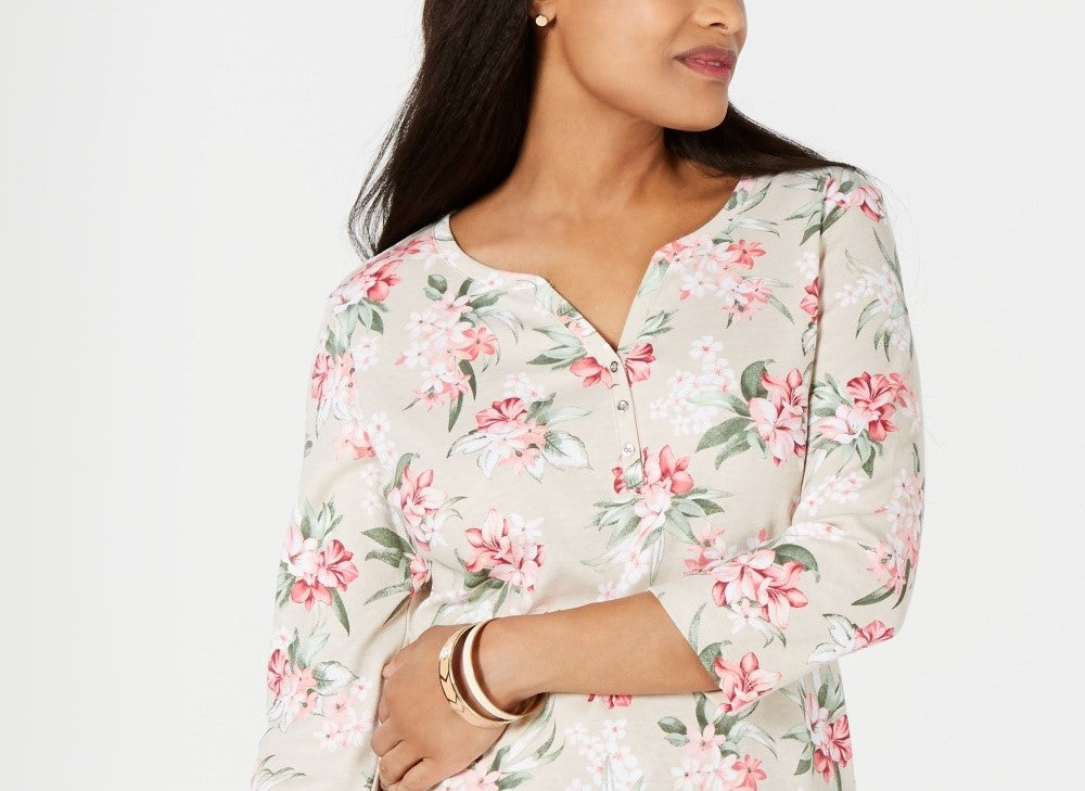 Karen Scott Women's Havana Falls Floral-Print Henley Top Orange Size Small