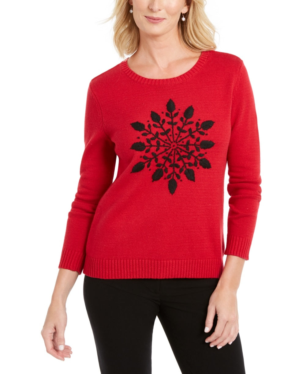 Karen Scott Women's Snowflake Applique Sweater Bright Red Size X-Small