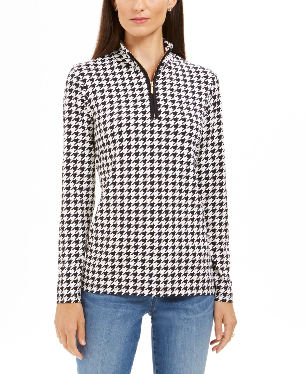 Charter Club Women's Petite Houndstooth Print Half-Zip Top Black PS