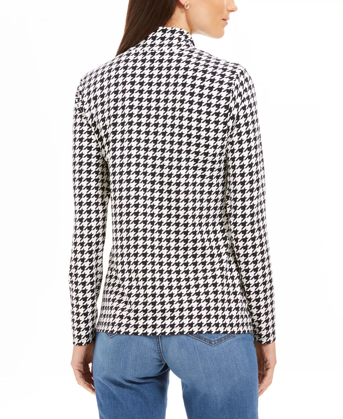 Charter Club Women's Petite Houndstooth Print Half-Zip Top Black PS