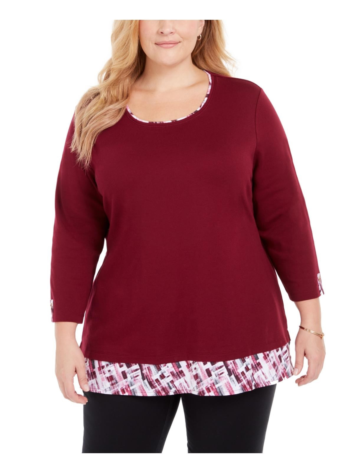 Karen Scott Women's Plus Plaid Trim Top Red Size 0X