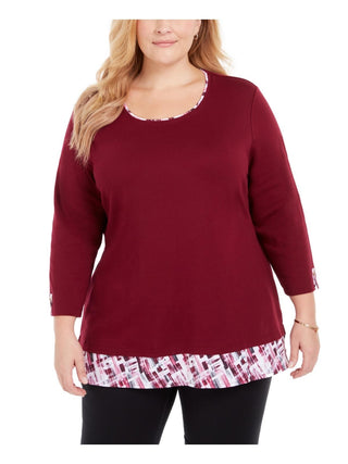 Karen Scott Women's Plus Plaid Trim Top Red Size 0X