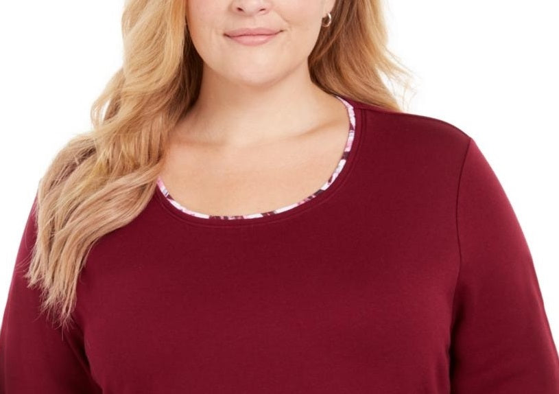 Karen Scott Women's Plus Plaid Trim Top Red Size 0X