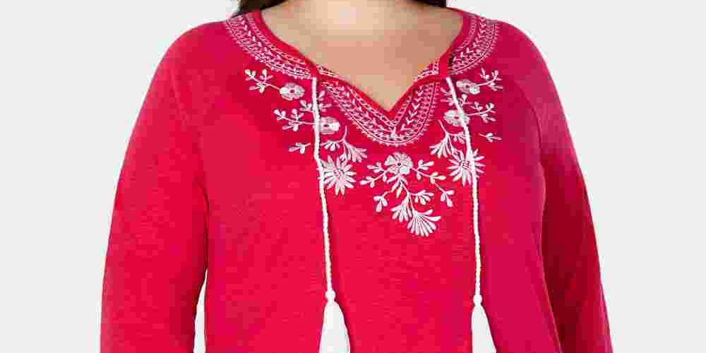 Charter Club Women's Plus Size Cotton Embroidered Peasant Top Pink Size 3X