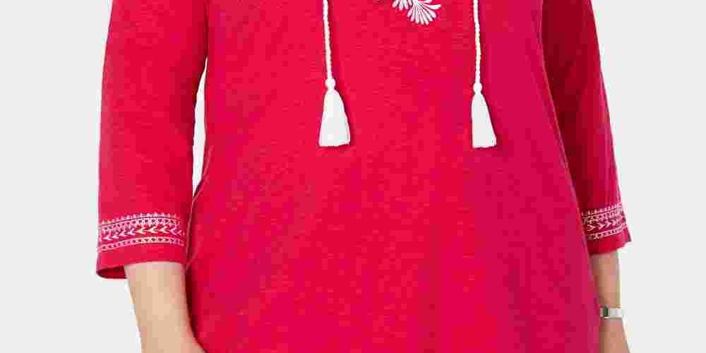 Charter Club Women's Plus Size Cotton Embroidered Peasant Top Pink Size 3X