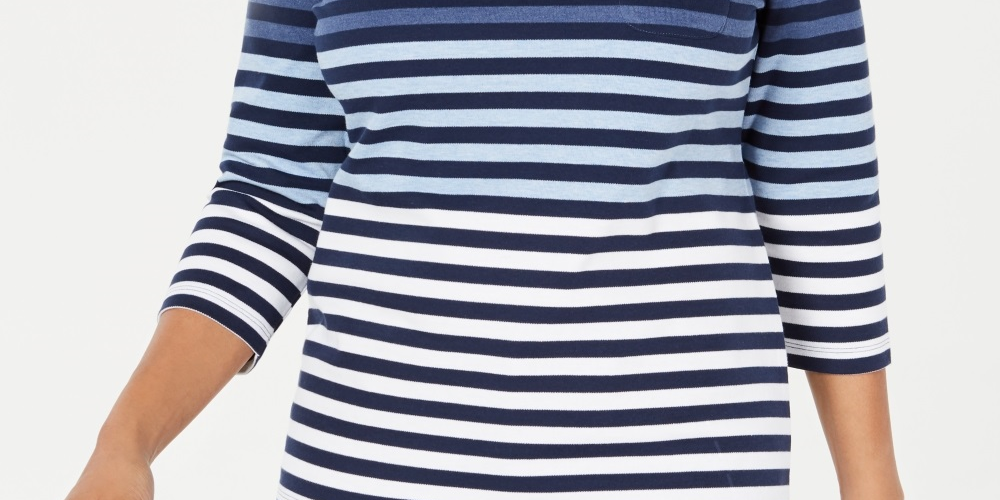 Karen Scott Women's Striped 3/4 Sleeve Top Blue Size Medium