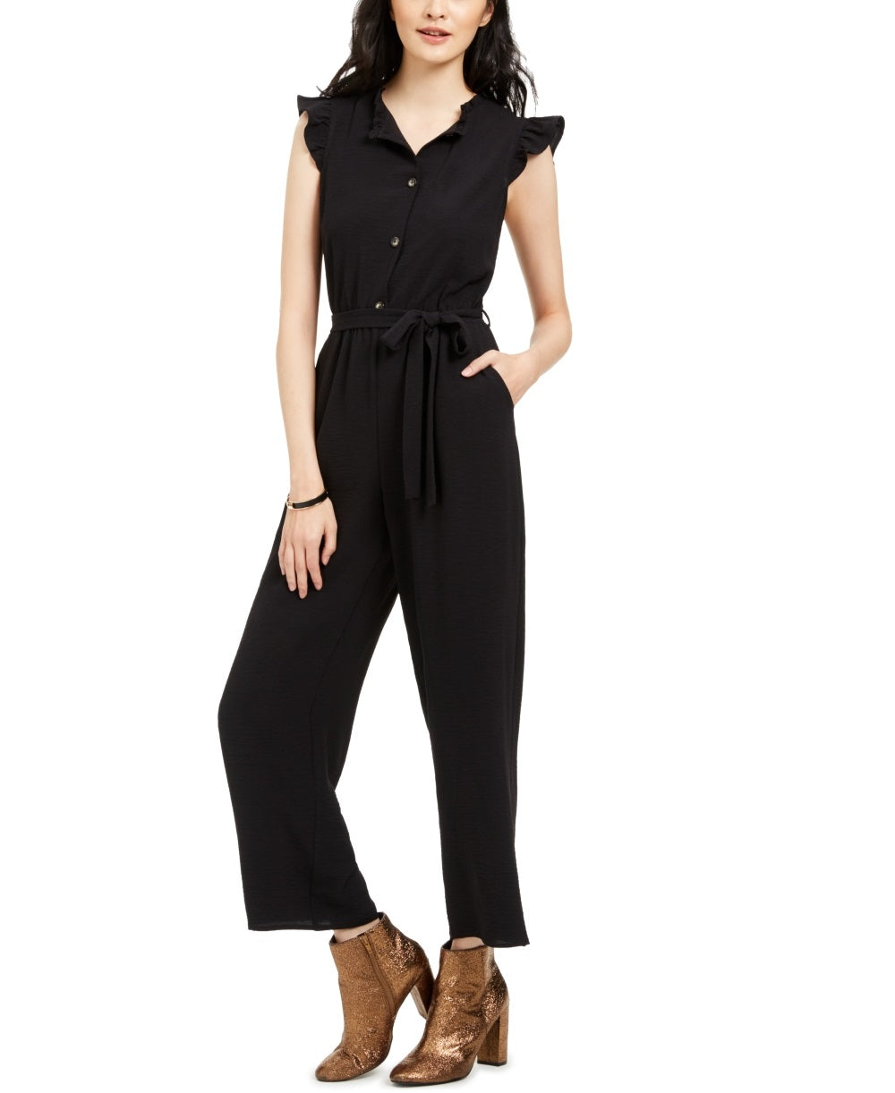 Monteau Women's Petite Ruffled Jumpsuit Black Size Petite Large