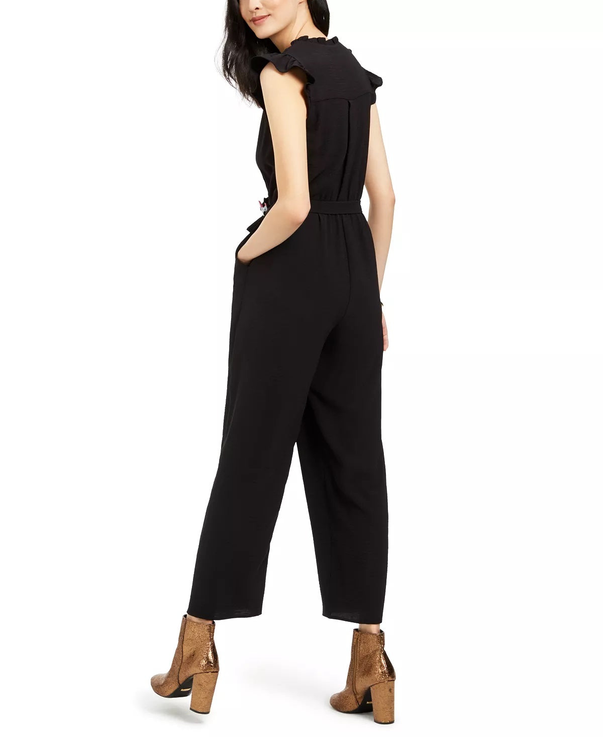 Monteau Women's Petite Ruffled Jumpsuit Black Size Petite Large