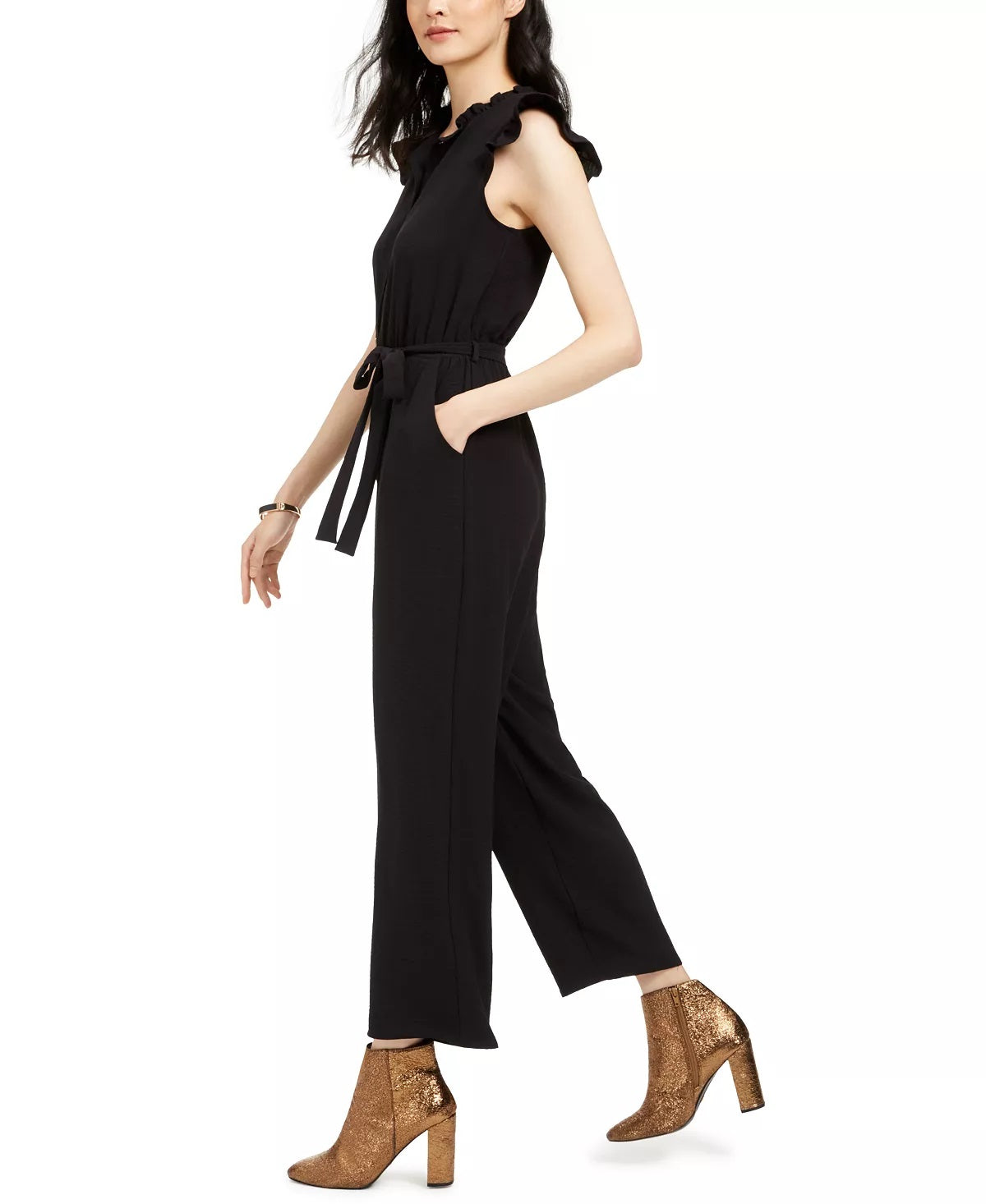 Monteau Women's Petite Ruffled Jumpsuit Black Size Petite Large