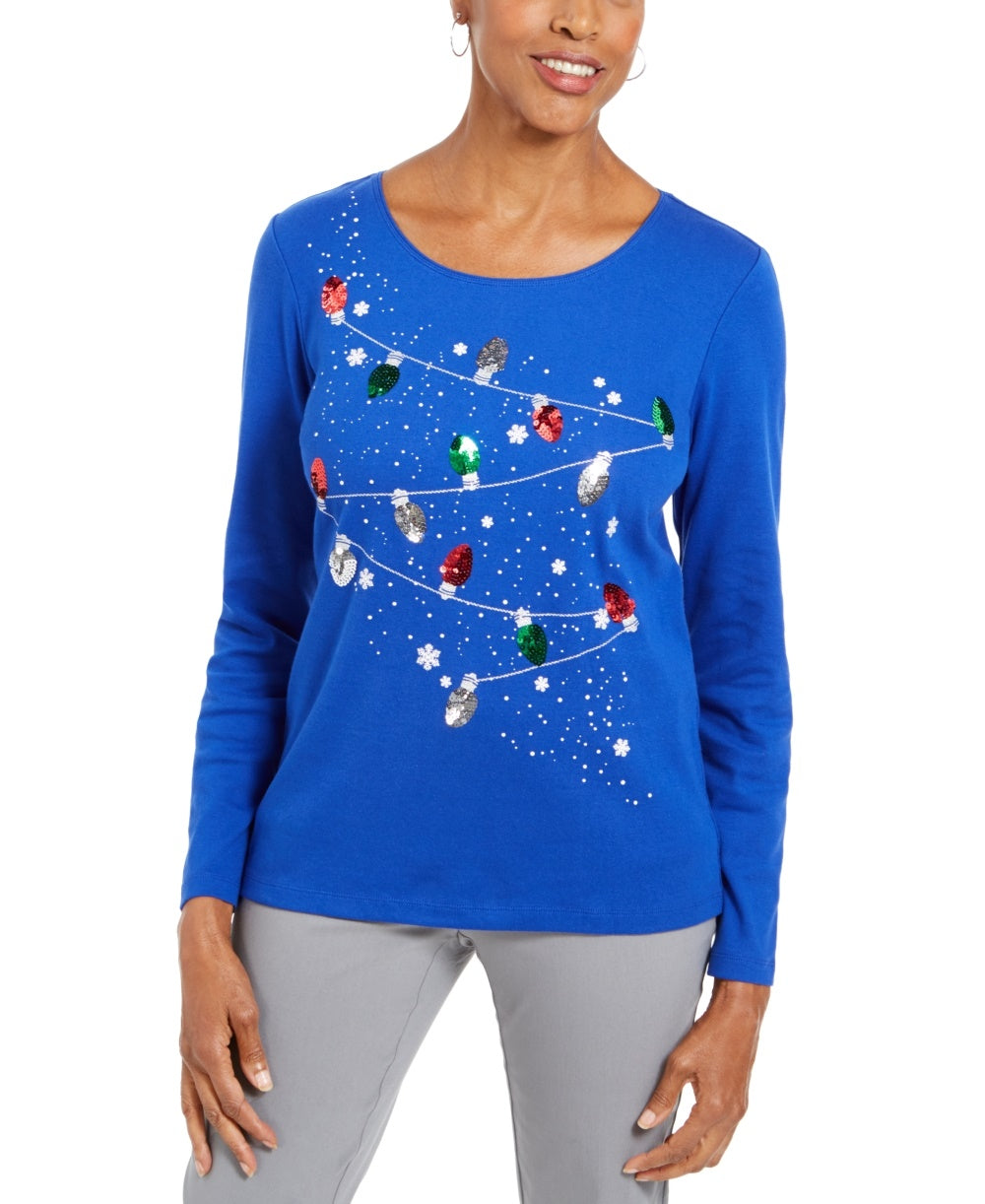 Karen Scott Women's Embellished Cotton Top Blue Size X-Large