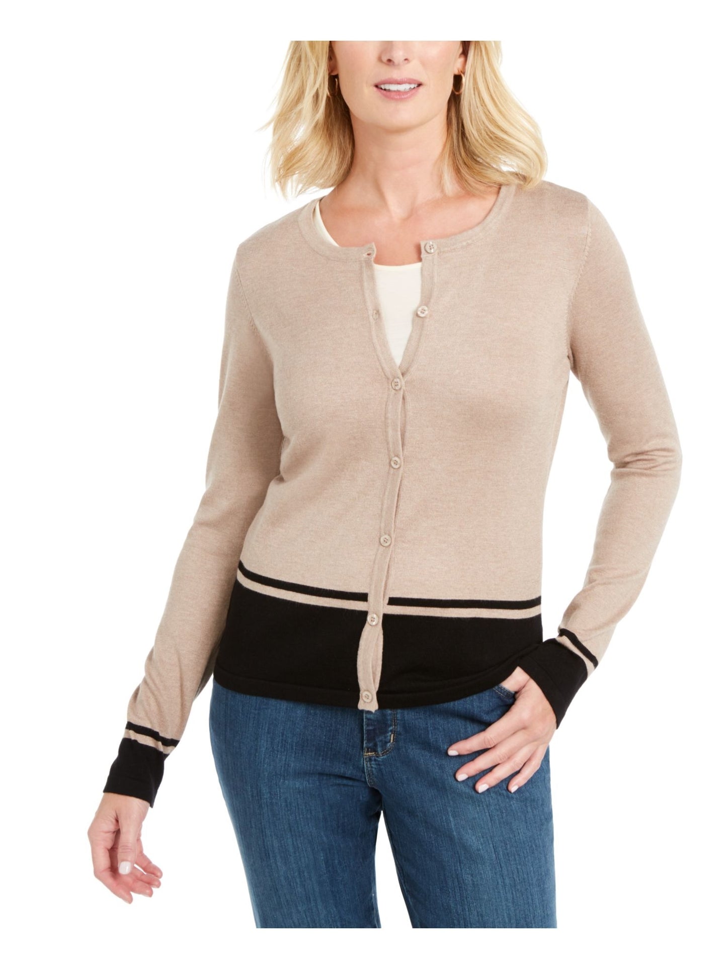 Karen Scott Women's Colorblocked Hem Cardigan Beige Size Petite Small