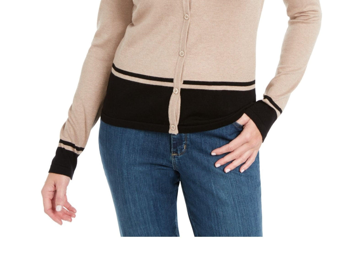 Karen Scott Women's Colorblocked Hem Cardigan Beige Size Petite Small