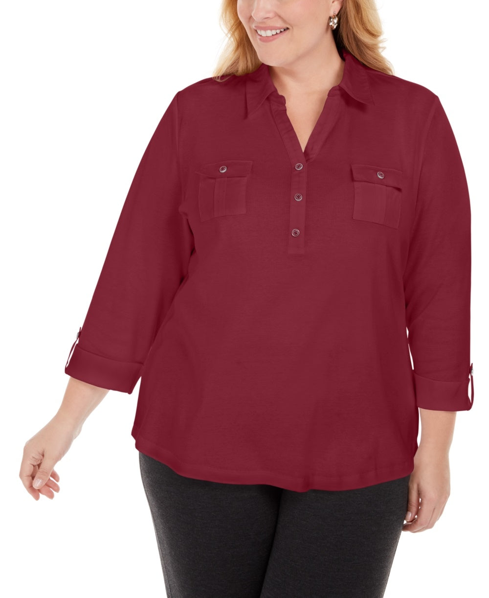 Karen Scott Women's Plus Size Cotton 3/4 Sleeve Polo Top Red Size 0X