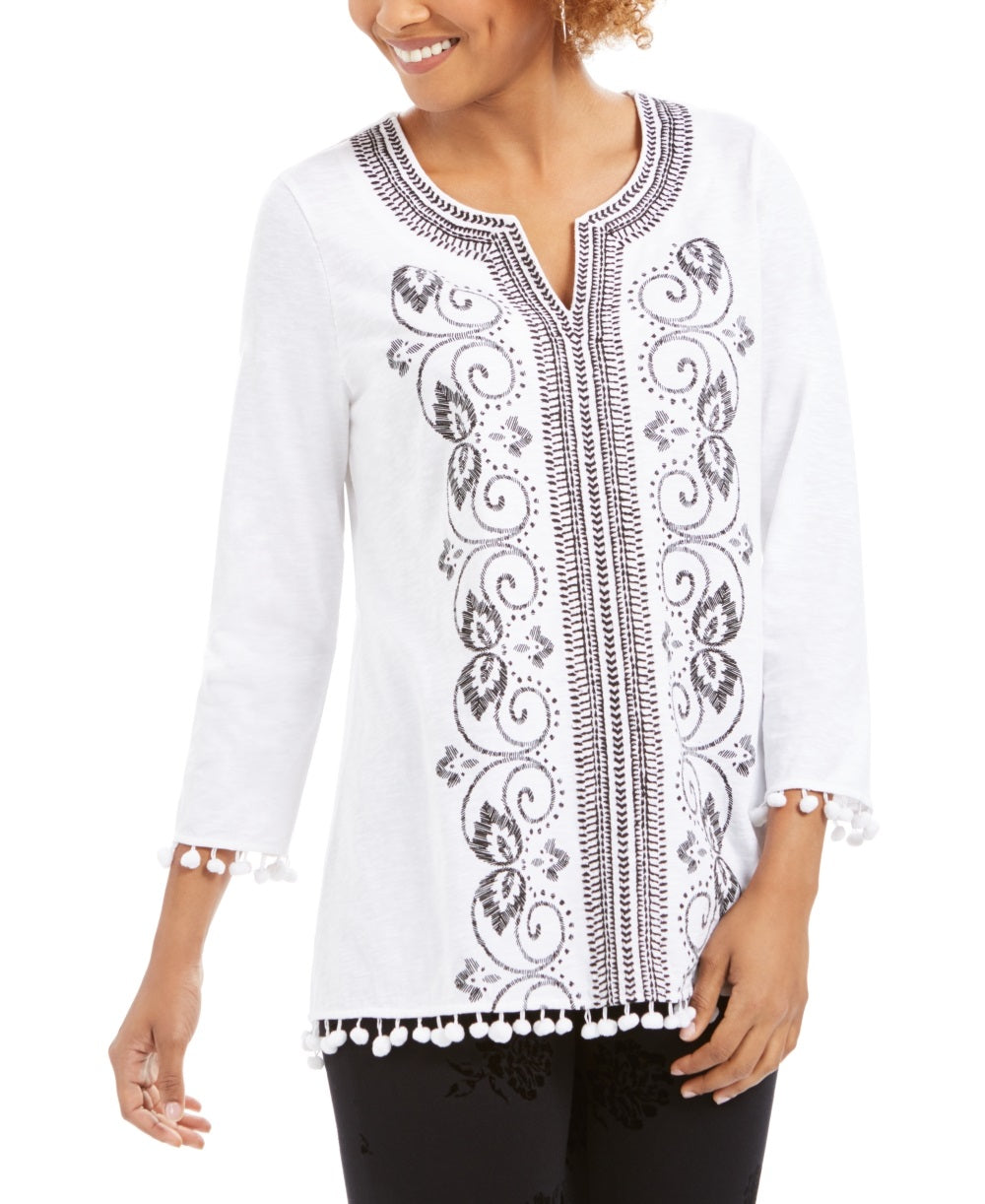 Charter Club Women's Embroidered Pom Pom Tunic Top White Size X-Small