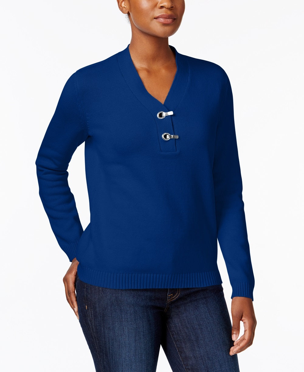 Karen Scott Women's Hardware V Neck Cotton Sweater Blue Size X-Large
