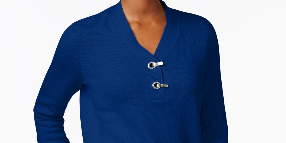 Karen Scott Women's Hardware V Neck Cotton Sweater Blue Size X-Large