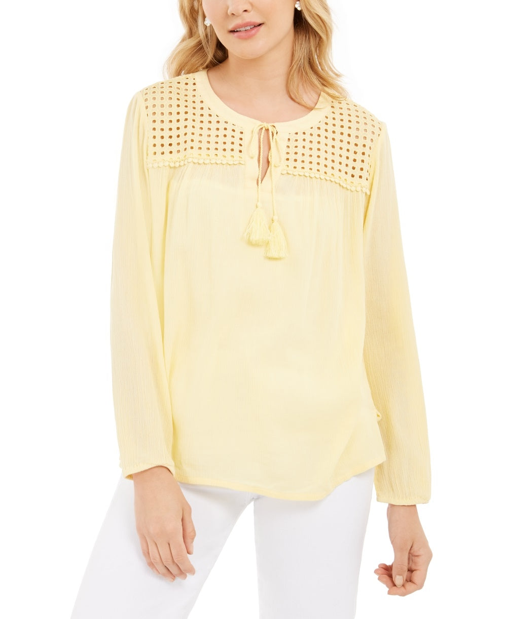 Charter Club Women's Tassel Tie Eyelet Linen Top Yellow Size Large