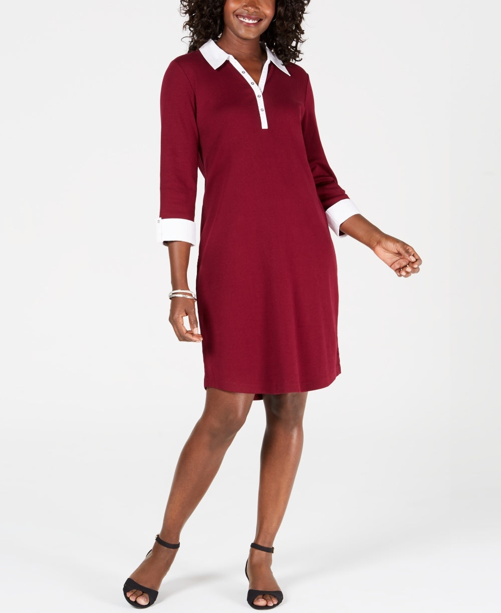 Karen Scott Women's Contrast Trim Cotton Shirtdress Red Size PS