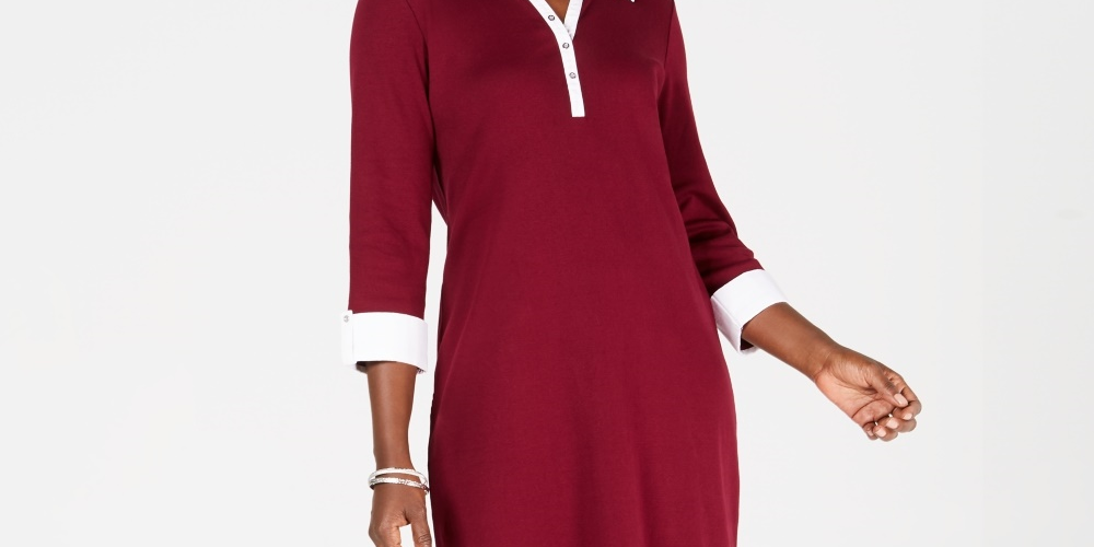 Karen Scott Women's Contrast Trim Cotton Shirtdress Red Size PS