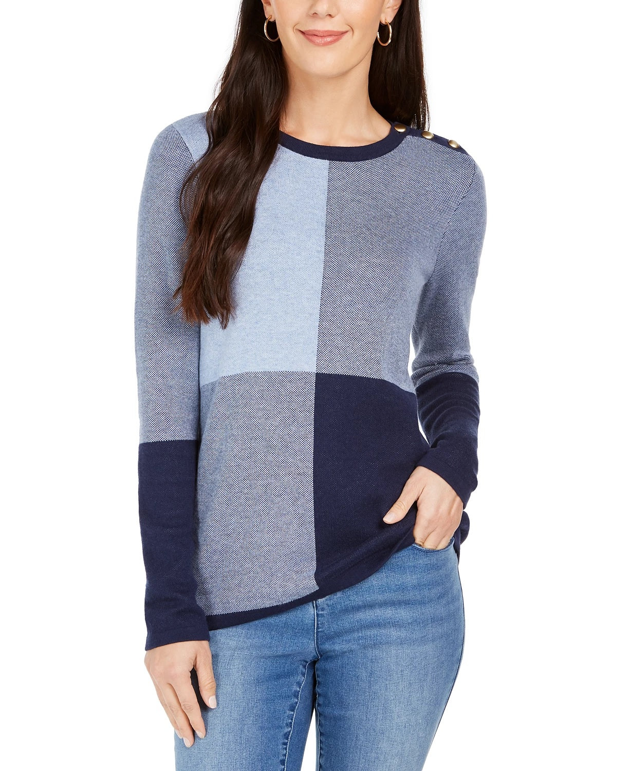 Charter Club Women's Colorblocked Button Shoulder Sweater Blue Size Small