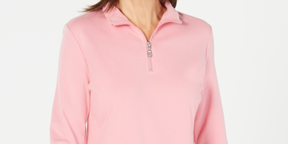 Karen Scott Women's Cotton Half-Zip Mock-Neck Top Pink Size Medium