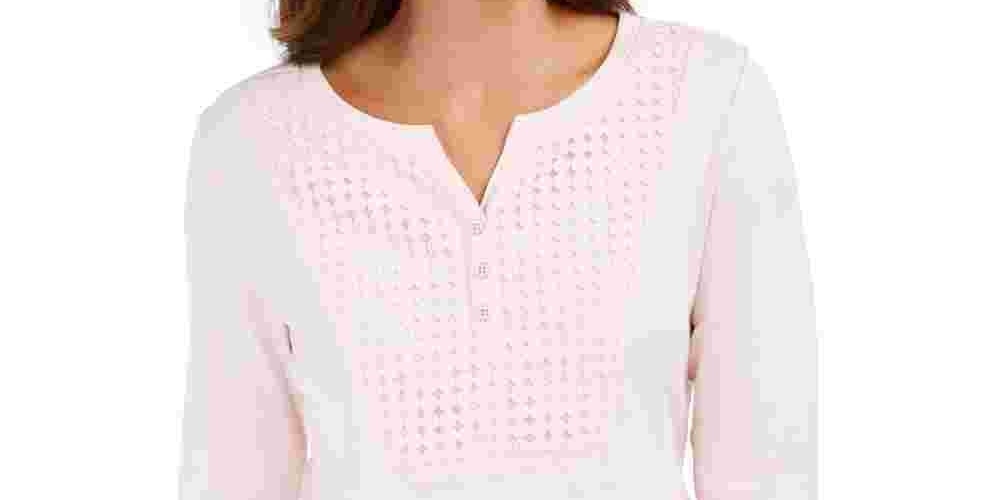 Karen Scott Women's Crochet-Trim Henley Top Pink Size Large