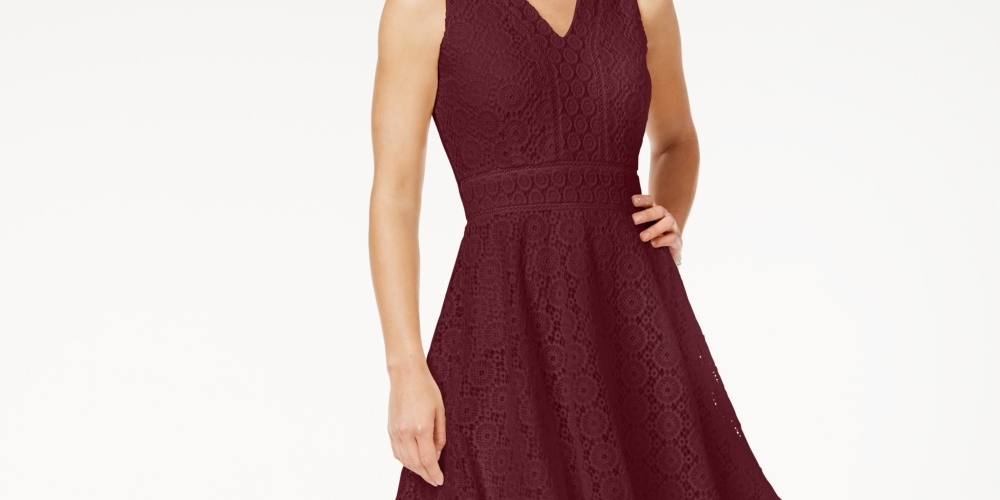 Charter Club Women's Lace Fit & Flare Dress  Wine Size Small