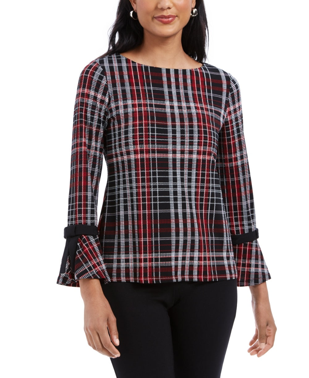 Charter Club Women's Plaid Crepe Bow Detail Top Black Size Petite Small