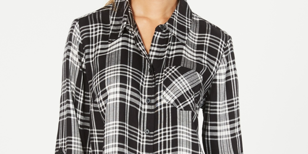 Style & Co Women's Petite Cotton Tab-Sleeve Plaid Shirt Black Size Petite X-Large