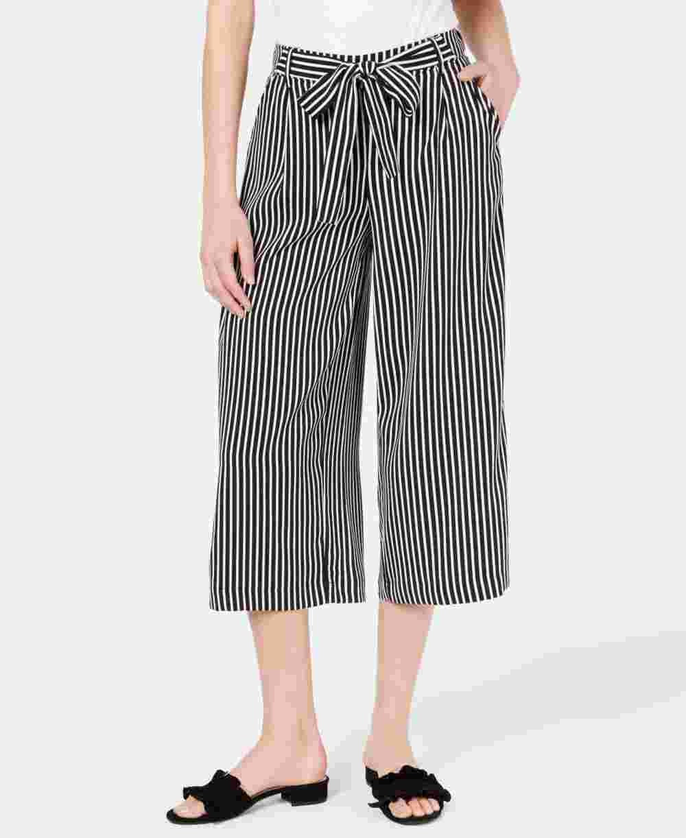 Maison Jules Women's Striped Wide Leg Tie Front Capri Pants Black Size Small