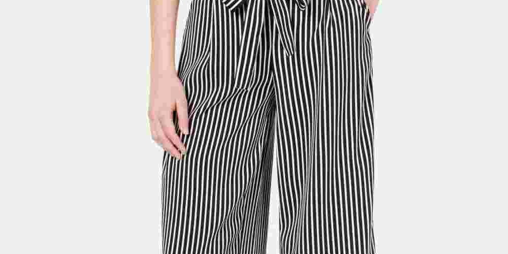 Maison Jules Women's Striped Wide Leg Tie Front Capri Pants Black Size Small