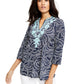 Charter Club Women's Embroidered Printed Split Neck Top Blue Size X-Small