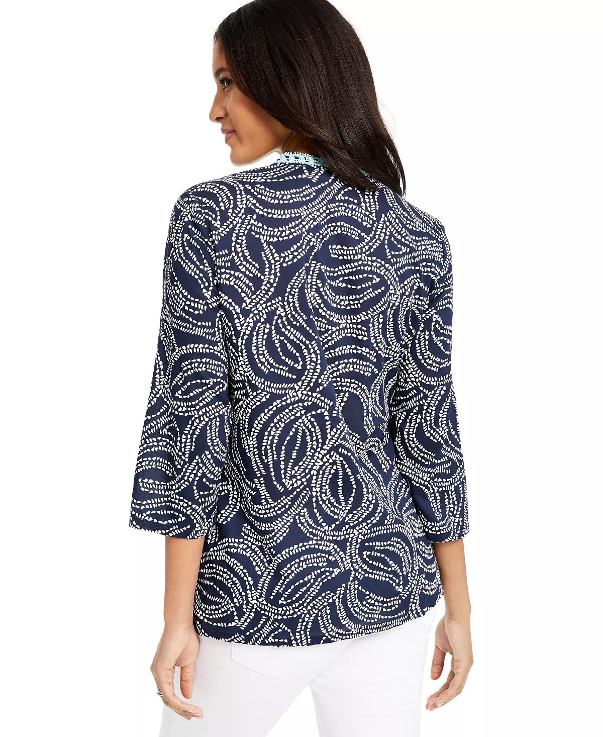 Charter Club Women's Embroidered Printed Split Neck Top Blue Size X-Small