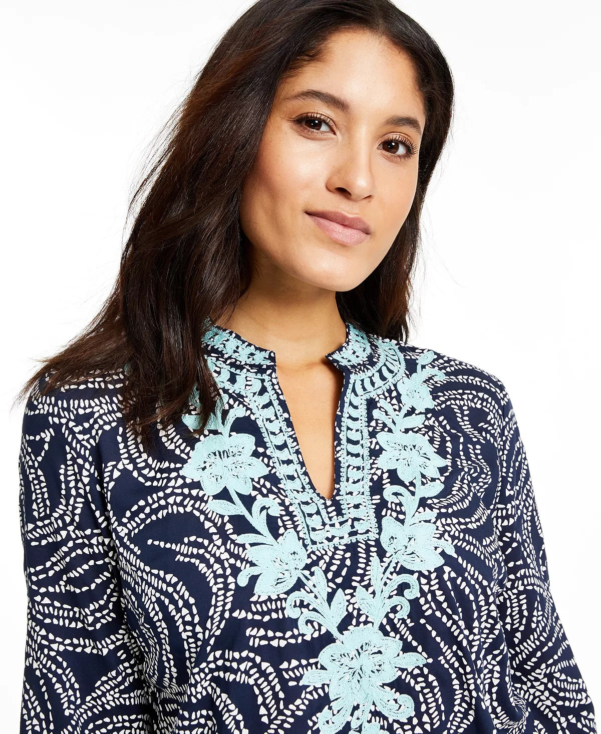 Charter Club Women's Embroidered Printed Split Neck Top Blue Size X-Small