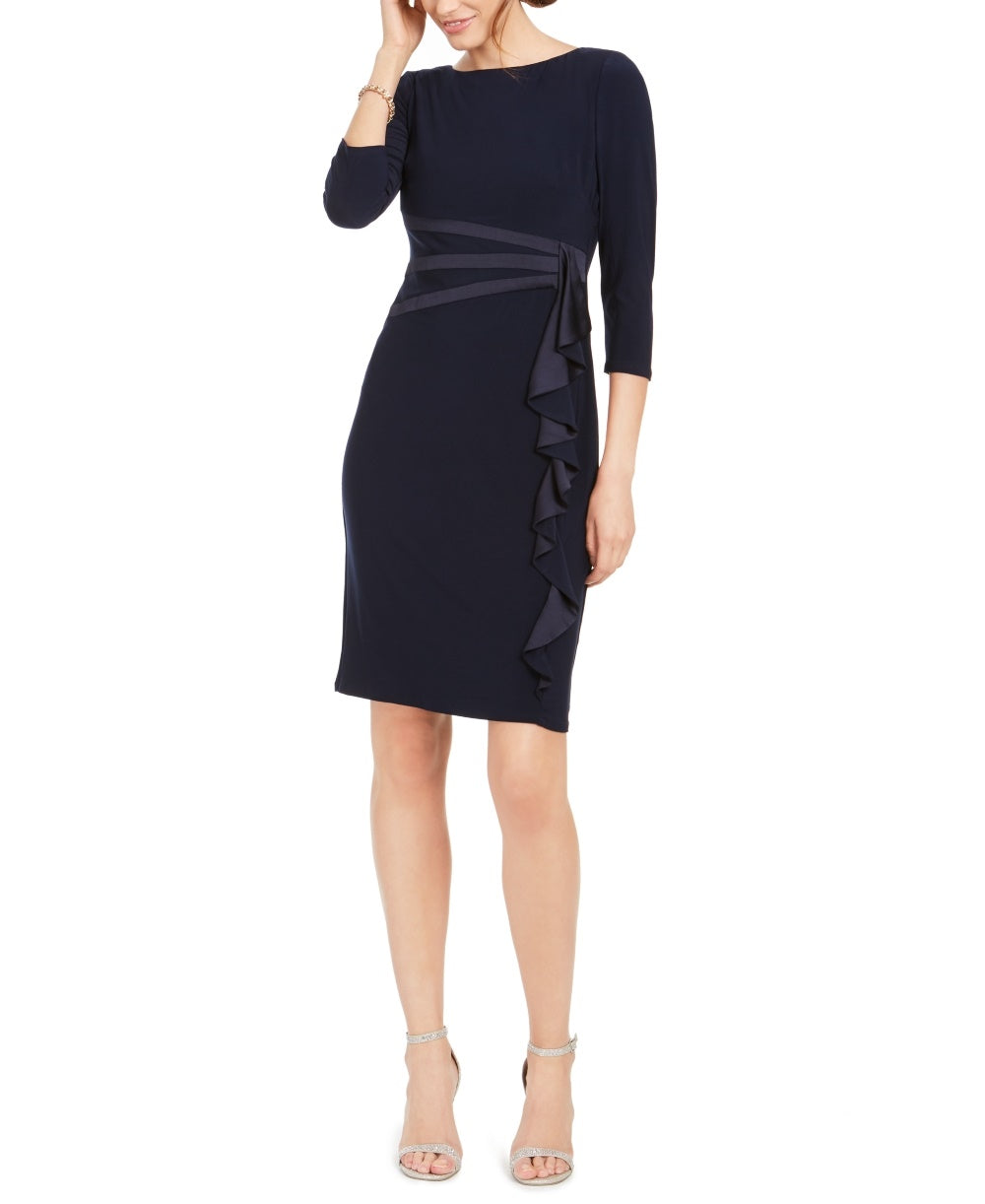 Jessica Howard Women's Ruffled Satin & Jersey Dress Black Size 14 Petite