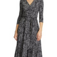Ralph Lauren Women's Floral 3/4 Sleeve V Neck Below The Knee Fit + Flare Dress Gray Size 4 Petite