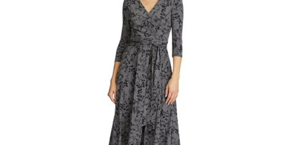 Ralph Lauren Women's Floral 3/4 Sleeve V Neck Below The Knee Fit + Flare Dress Gray Size 4 Petite