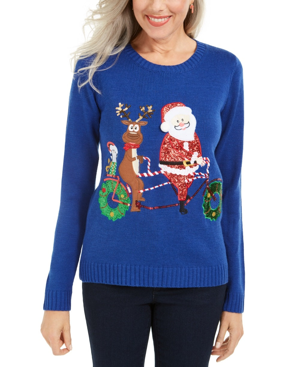 Karen Scott Women's Santa Bicycle Sweater Blue Size Petite Small