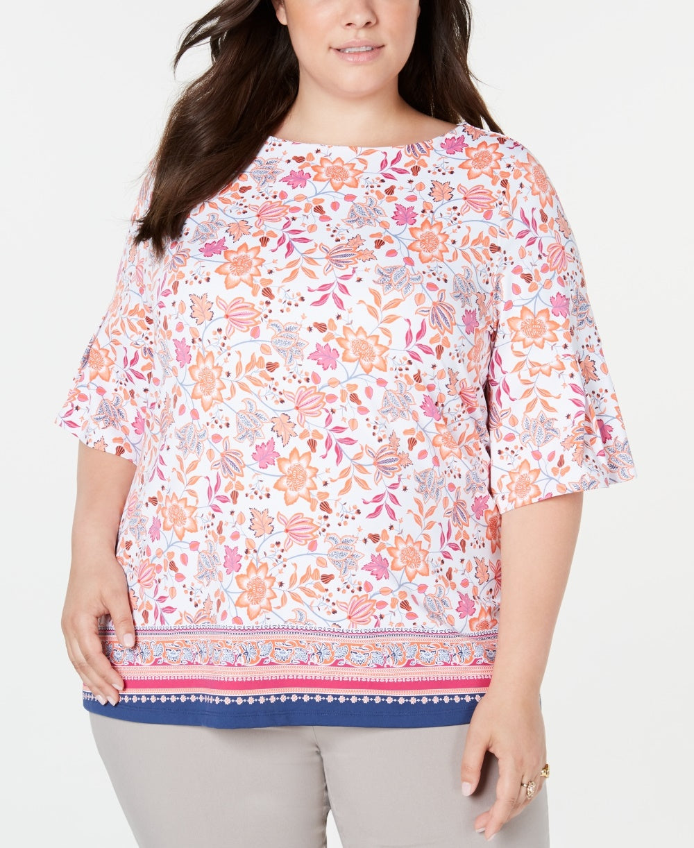 Charter Club Women's Plus Size Printed Bell Sleeve Top White Size 0X