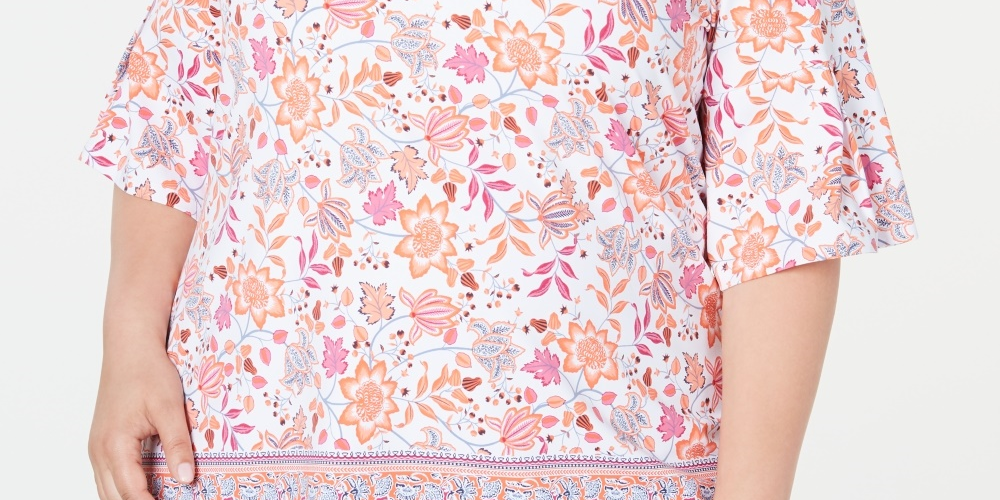 Charter Club Women's Plus Size Printed Bell Sleeve Top White Size 0X