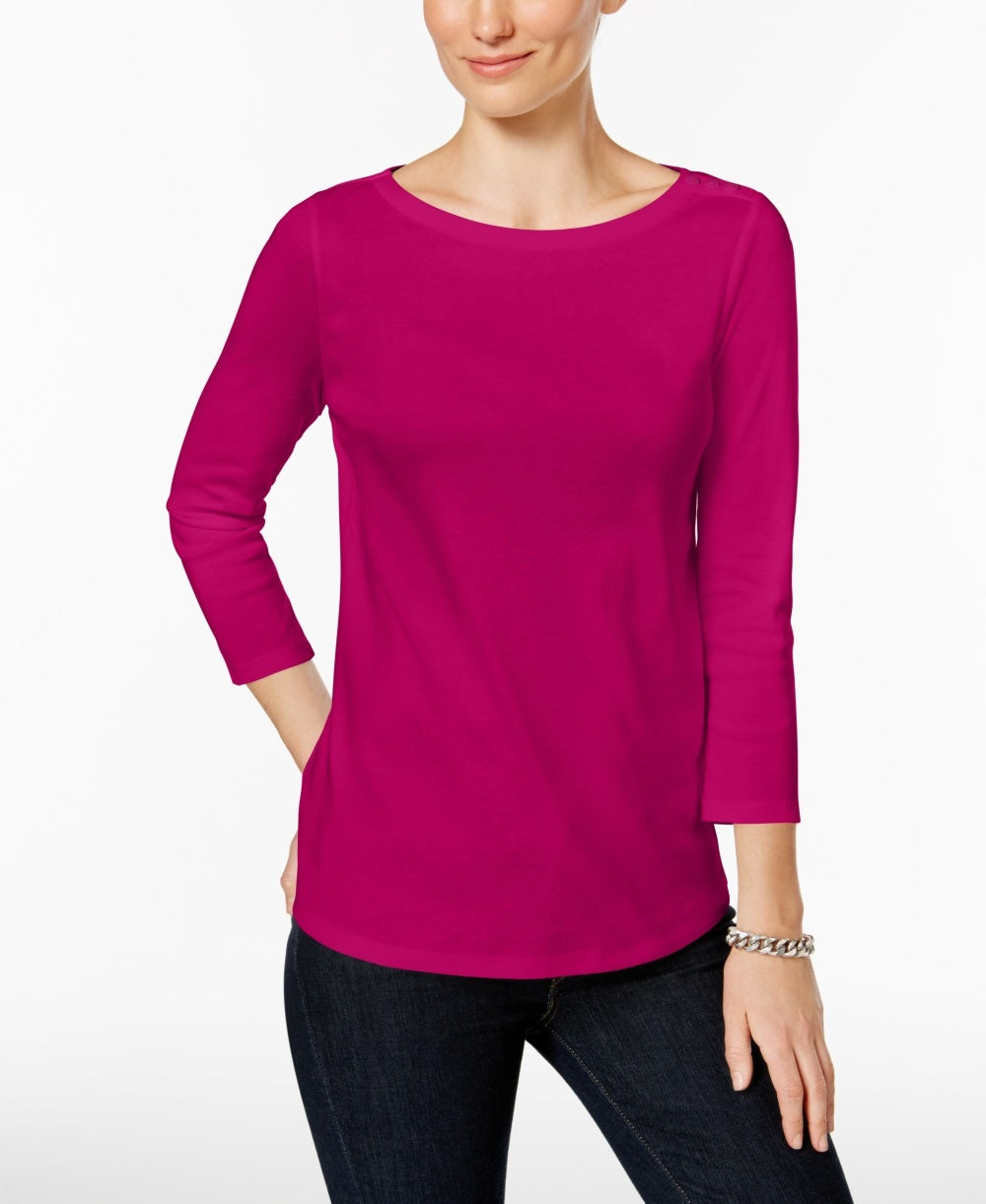 Charter Club Women's Pima Cotton Button Shoulder Top Pink Size Petite X-Large