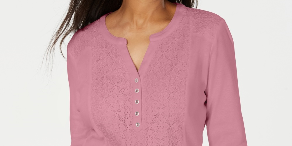 Karen Scott Women's Lace Front Henley Top Pink Size X-Small