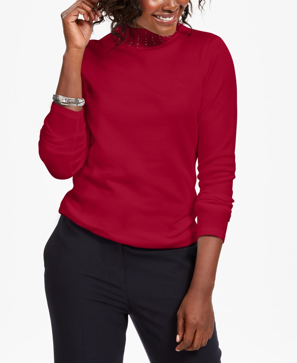 Karen Scott Women's Studded Mock Neck Sweater Red Size X-Small