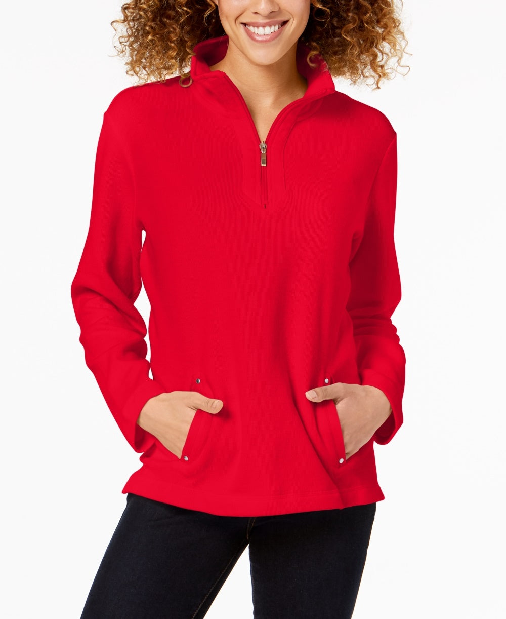 Karen Scott Women's Petite Zip-Neck Top Bright Red Size Petite X-Large