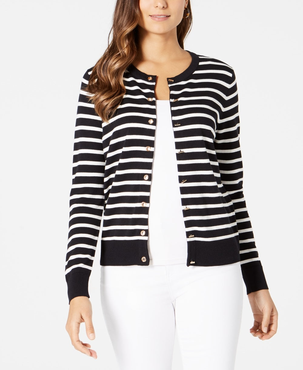 Charter Club Women's Striped Grommet Trim Cardigan Sweater Black Size Medium