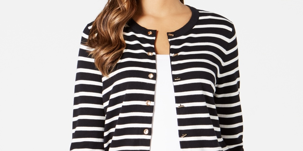Charter Club Women's Striped Grommet Trim Cardigan Sweater Black Size Medium