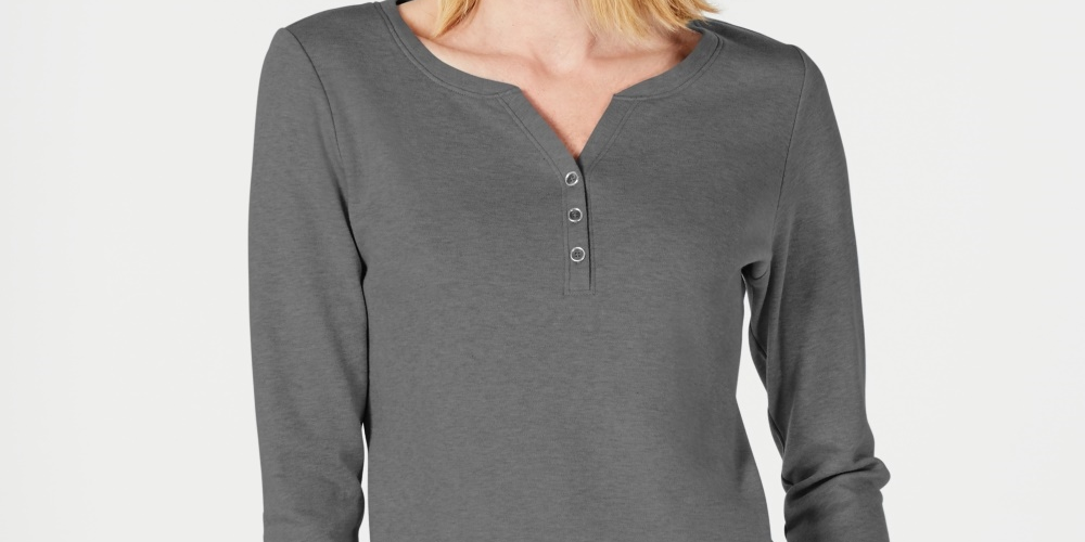 Karen Scott Women's Cotton Henley Top Gray Size Small