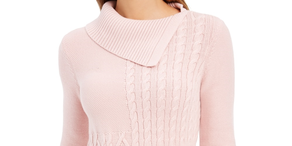 Charter Club Women's Patchwork-Stitch Asymmetrical-Collar Sweater Pink Size Large