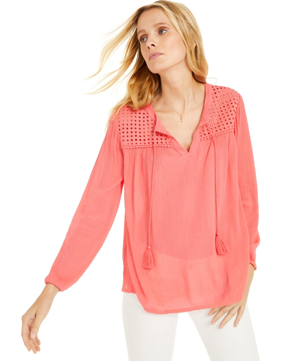 Charter Club Women's Tassel-Tie Eyelet Linen Top  Red Size Large