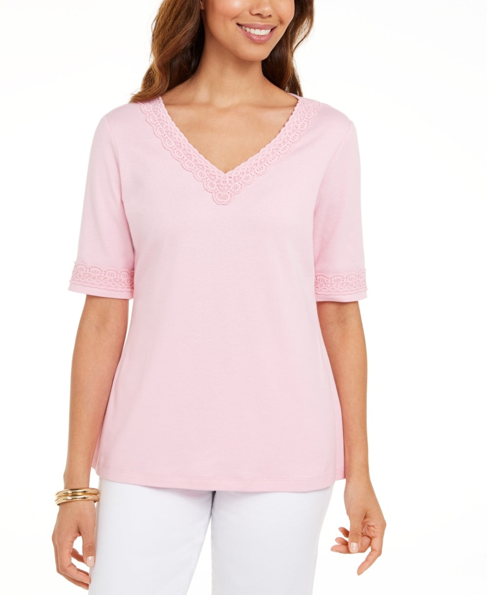 Karen Scott Women's Cotton Crochet Trim Top Pink Size X-Small